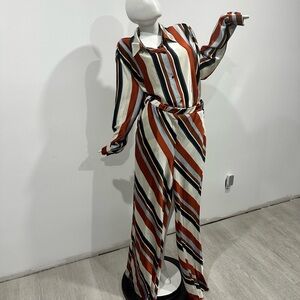 Striped Button-Down Jumpsuit in Rust, Black & Cream